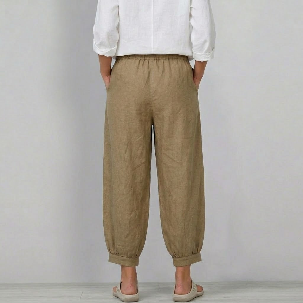 Casual Linen-cotton Cropped Trousers With An Elastic Waist