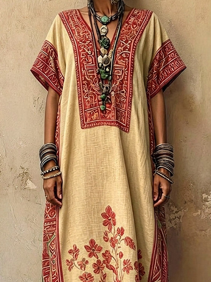 Women's Retro Floral Art Casual Stylish V-collar Short Sleeve Cotton Linen Maxi Dress