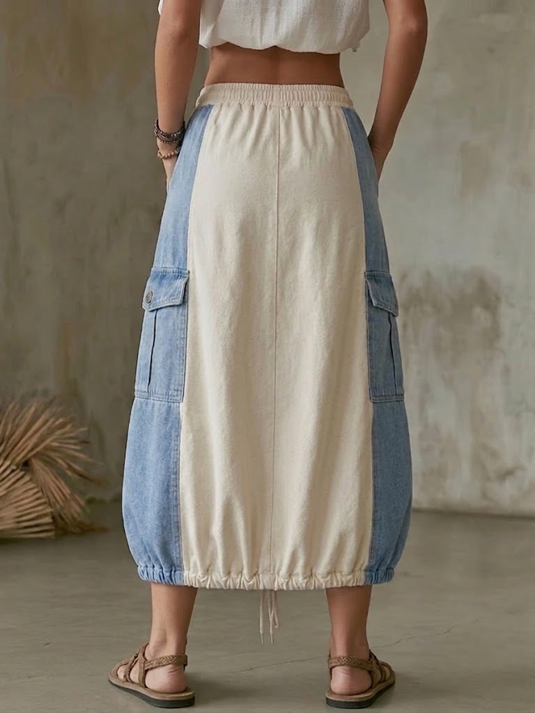 Casual Color-block Patchwork Denim Skirt