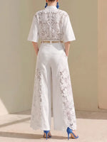 Elegant White Floral Lace-spliced Wide-leg Set