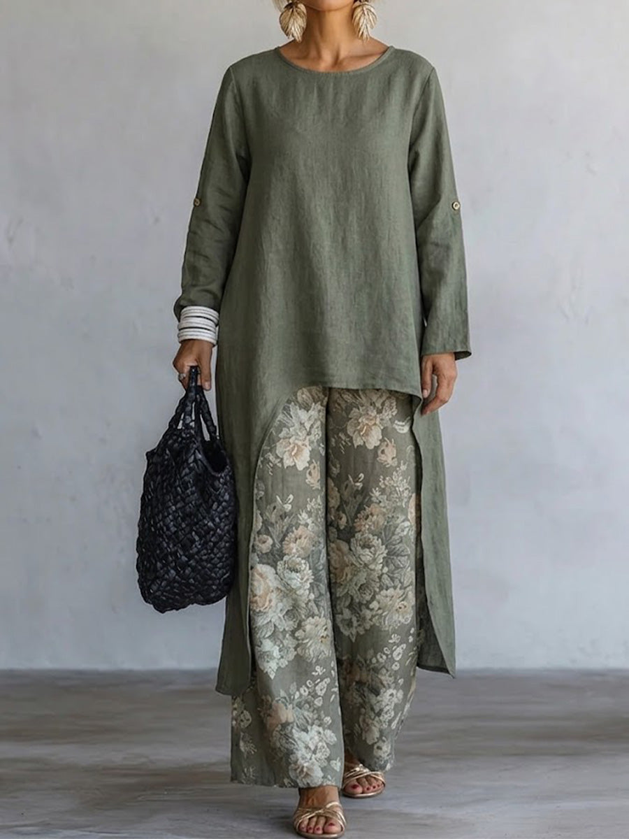 Two-piece Set Featuring A Floral Print Wide-leg Linen Pant And A Long, Side-slit Tunic With A Round Neck And Roll-tab Long Sleeves