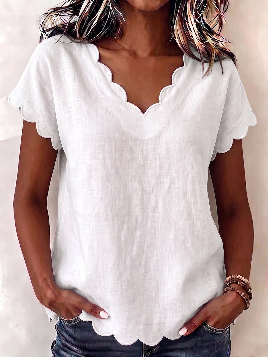 Sweet & Sophisticated Scallop Hem Summer Blouse - Relaxed Fit Solid Color Top