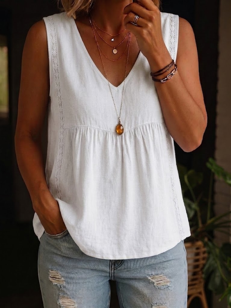 Minimalist Cotton-linen Blend Sleeveless Top With Lace Trim Details.