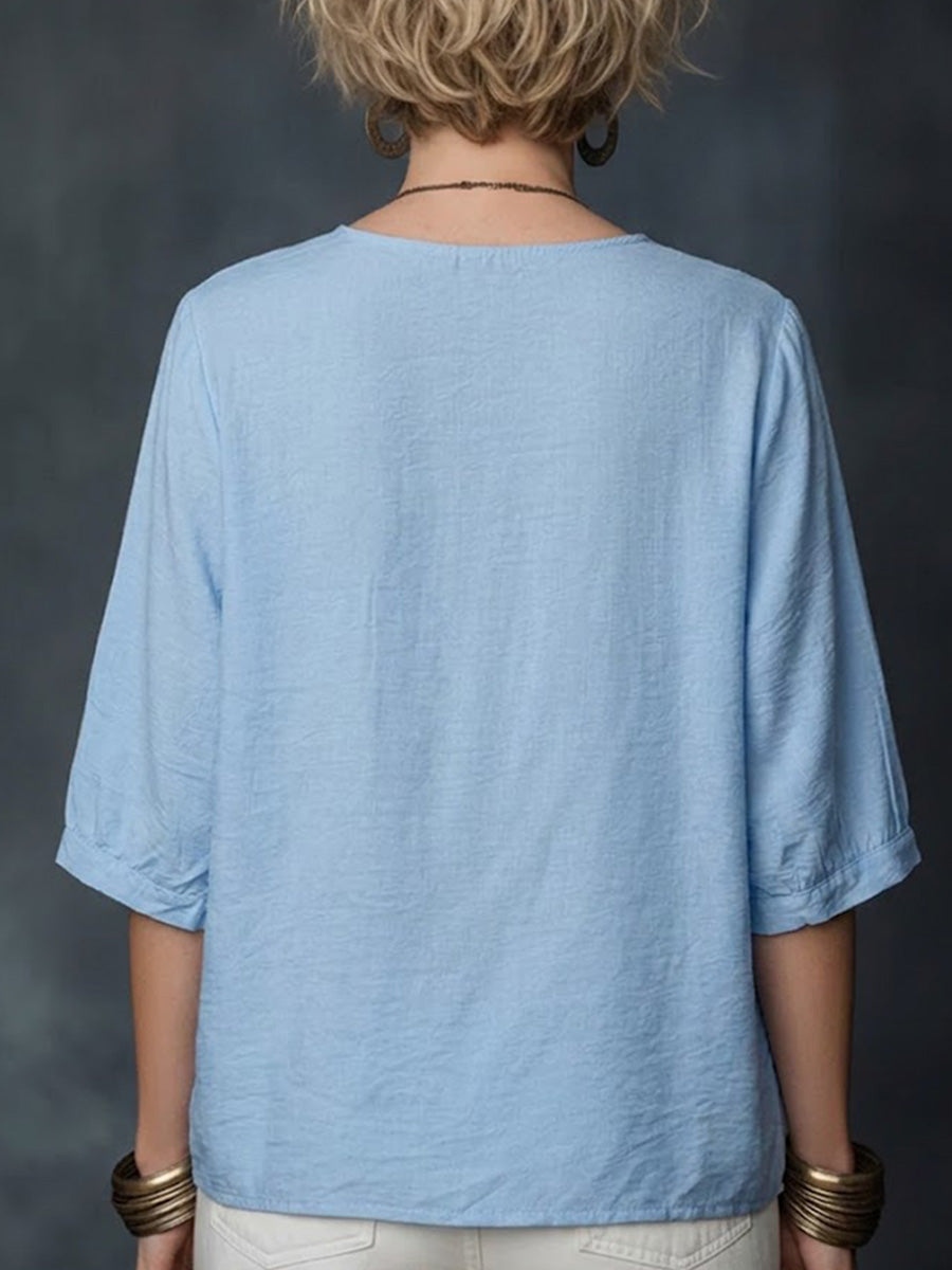Flower Embroidery V-neck Seven Fold Pleated Sleeve Cotton Linen Blend Top