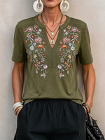 Short-sleeve Cotton Top With Colorful Floral Embroidery, Lace Trim, And A Small Open V-neck