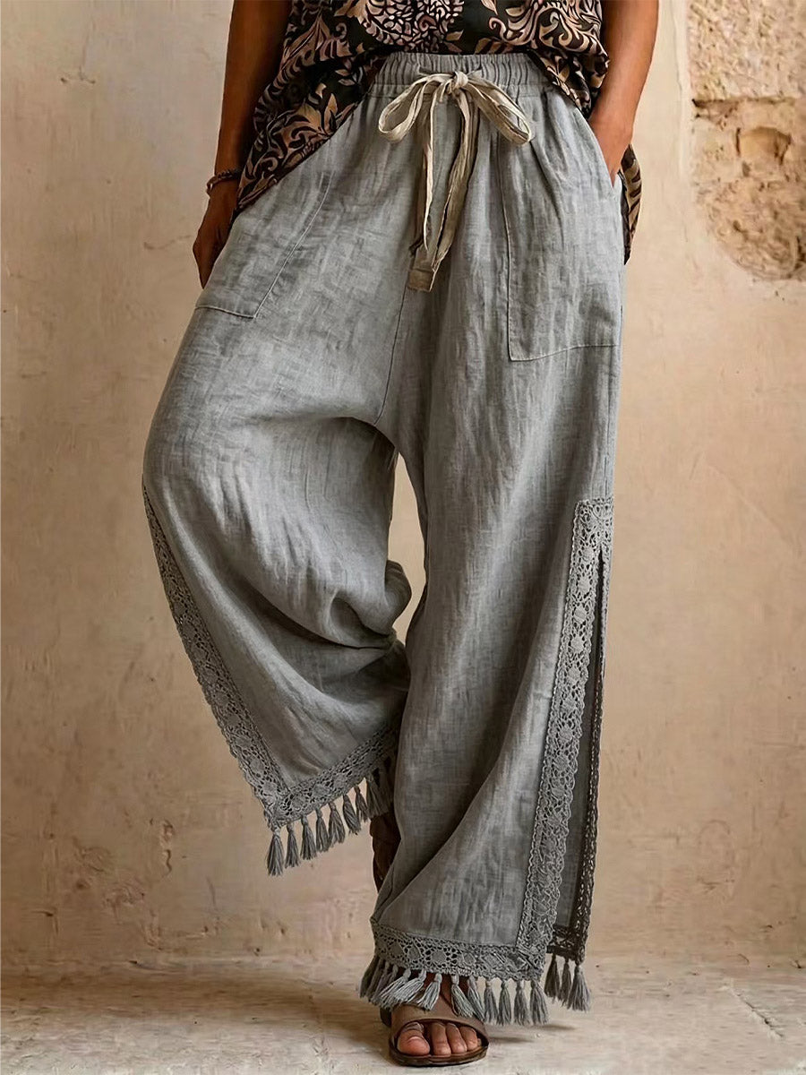 Women's Tassel Side Slit Loose-fit Casual Cotton And Linen Vacation Bohemian-style Wide-leg Pants