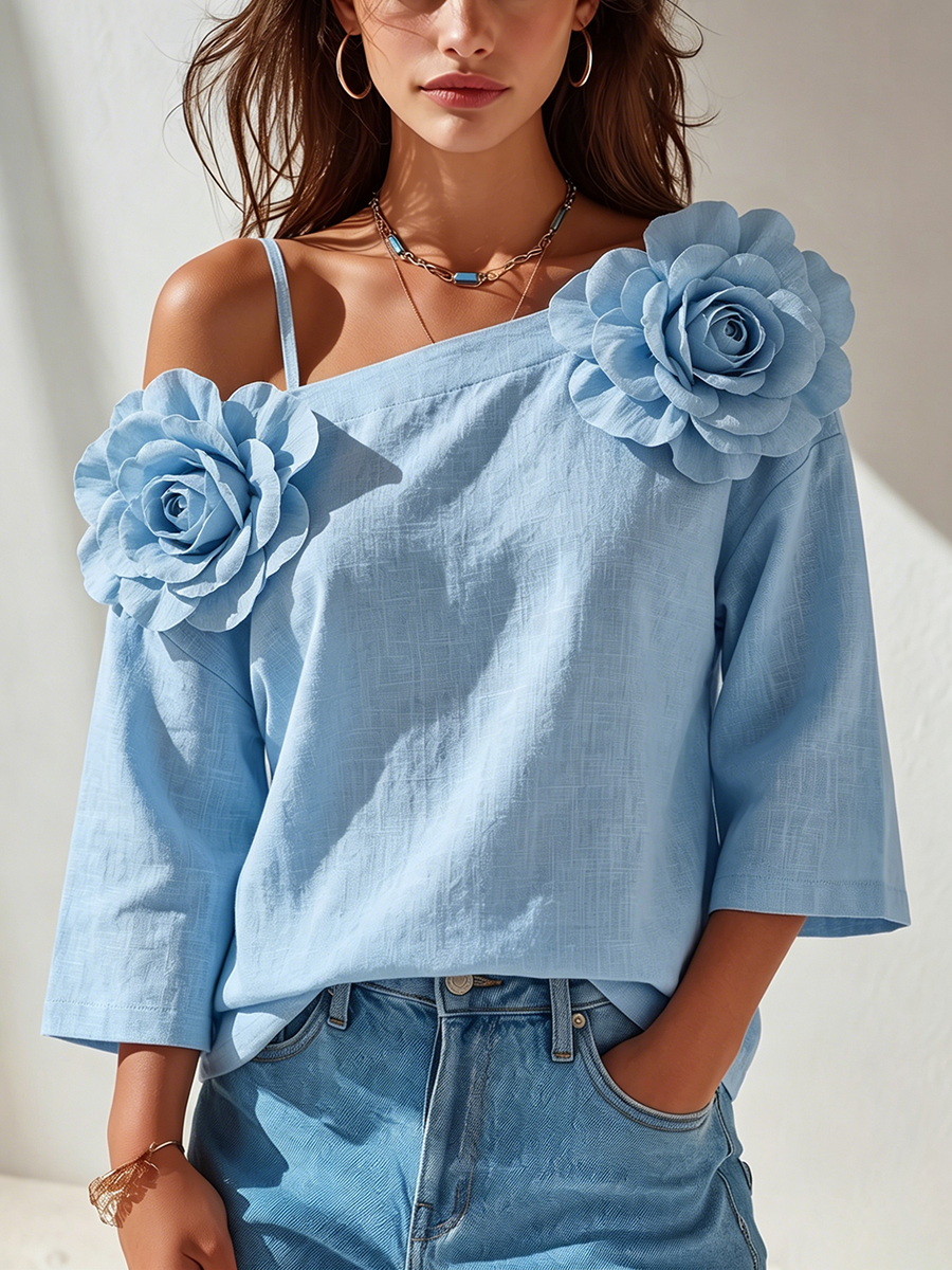 Elegant Blue Floral Off-shoulder Cotton-linen Shirt