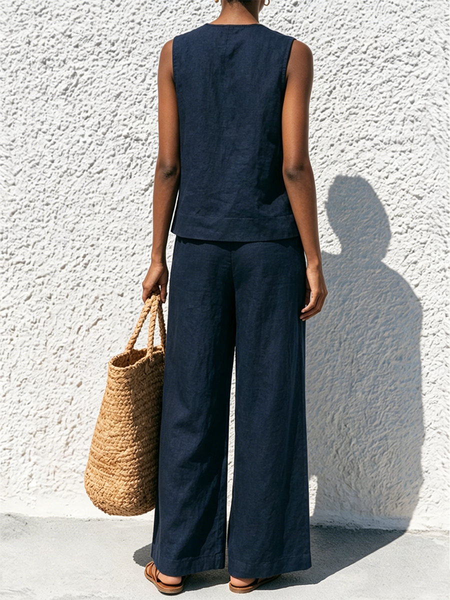 Two-piece Set: Sleeveless Cotton-linen Top With Round Neck And Side Button Detail + High-waisted Straight-leg Wide-leg Trousers