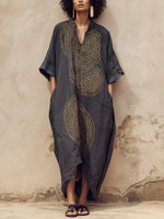 Vintage Abstract Print Draped Linen Maxi Kaftan