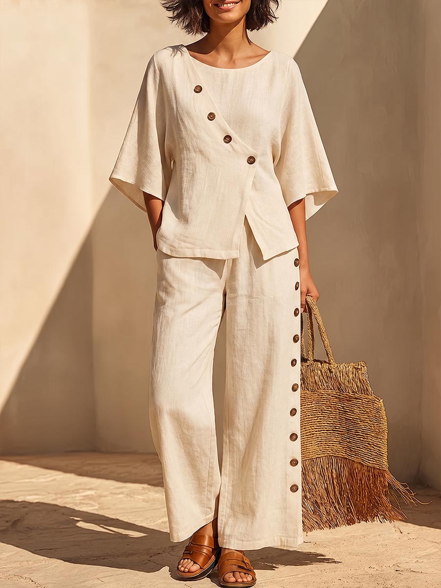 Women's Solid Color Casual Cotton-linen Set: Round-neck 3/4 Sleeve Loose Top & High-waisted Wide-leg Pants
