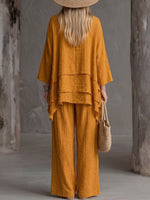 Women's Solid-color Casual Cotton-linen Set: Long-sleeve Crew-neck Top & High-waisted Wide-leg Pants