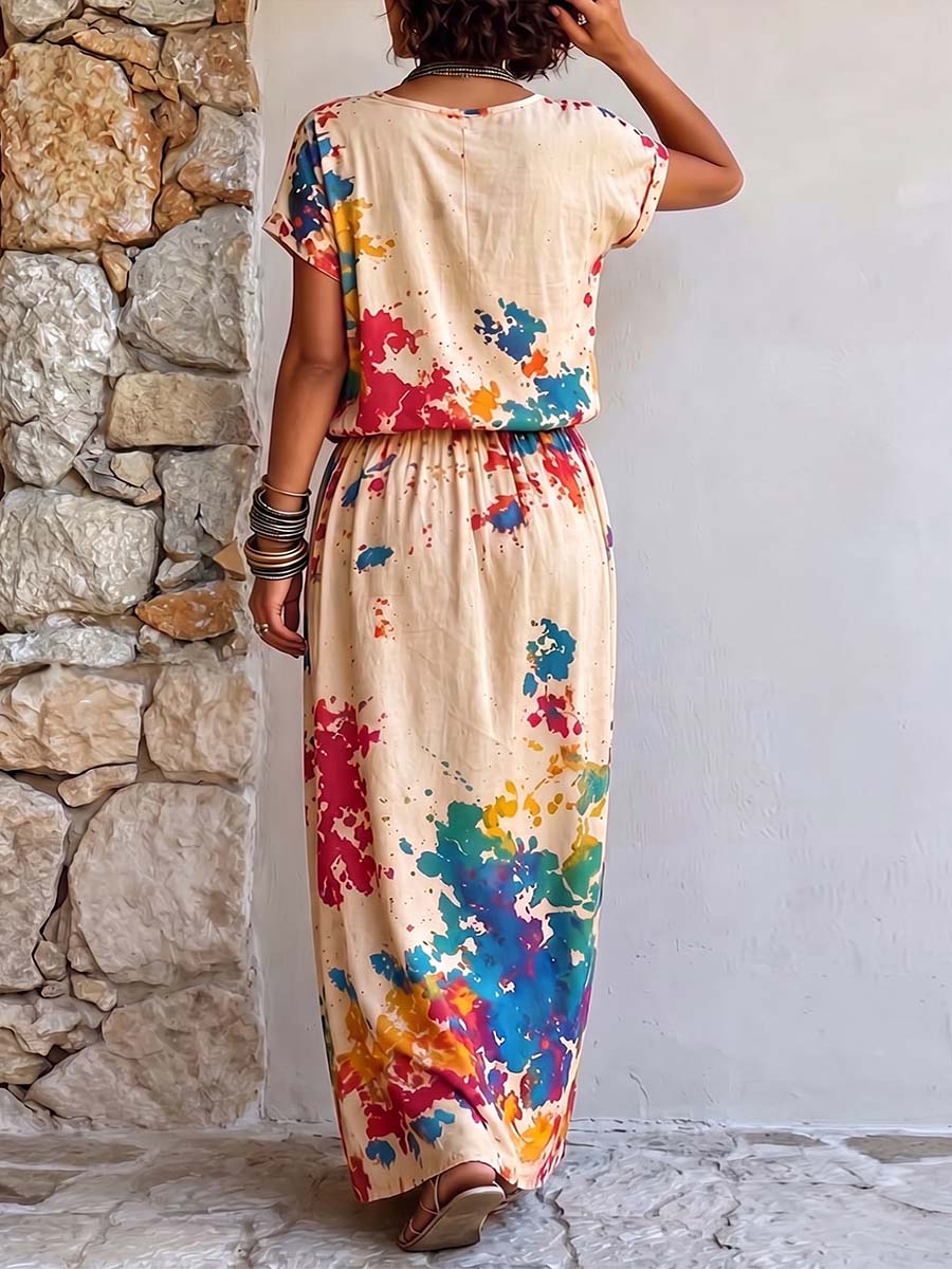 Women's Cotton-linen Set: Abstract Placement-print Crew-neck Short-sleeve Loose Casual Top & High-waisted A-line Skirt