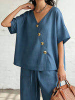 Women's Solid Color Casual Stylish Top And Wide Leg Pants Two-piece Set