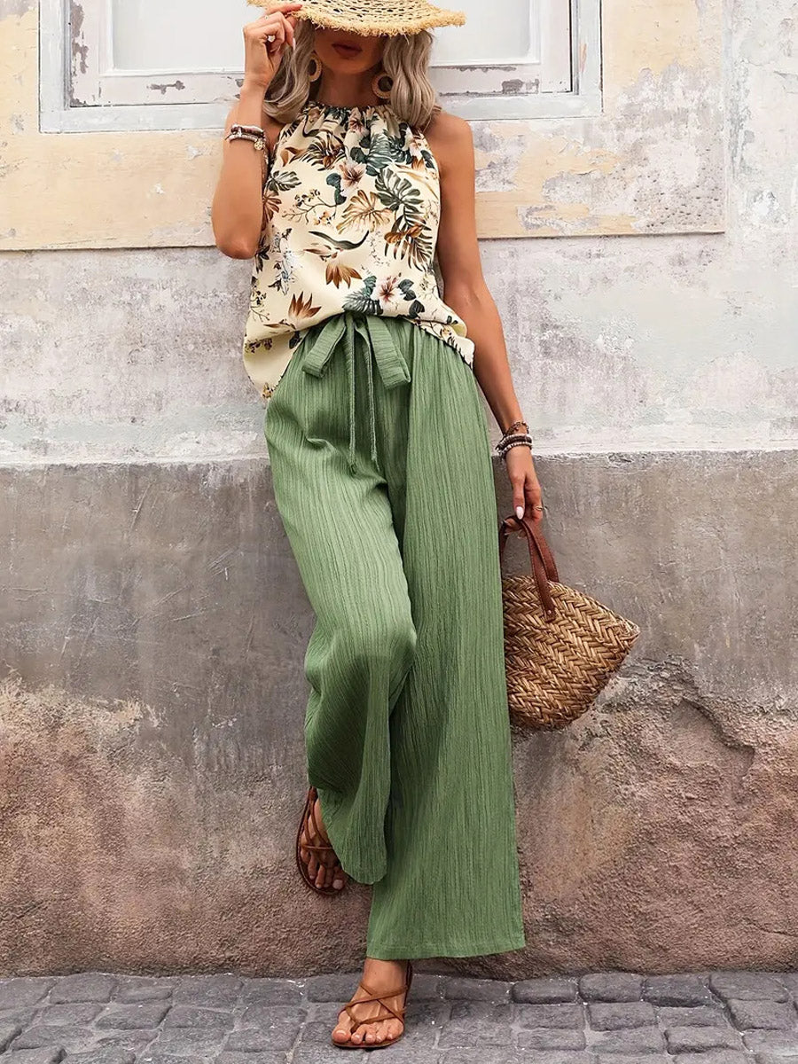 Women's Casual Stylish Floral Loose Sleeveless Top And Pants Two-piece Set