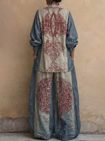 Women's Vintage Placement-print Cotton-linen Set: Long-sleeve Stand-collar Loose Top & High-waisted Wide-leg Pants