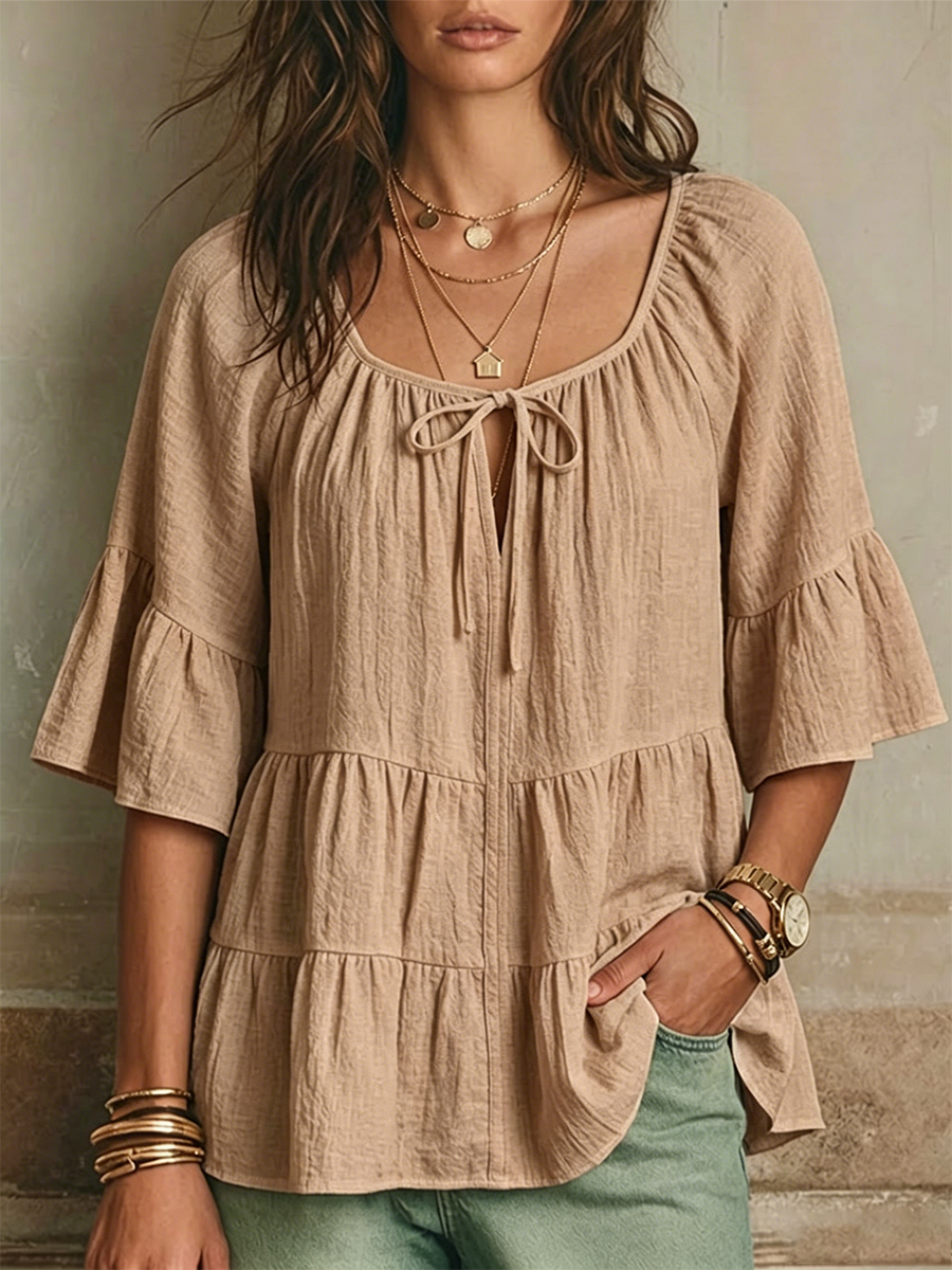 Square-neck Cotton-linen Top Featuring Front Ties, Cut-out Details, Tiered Ruffles, And Three-quarter Length Flared Sleeves