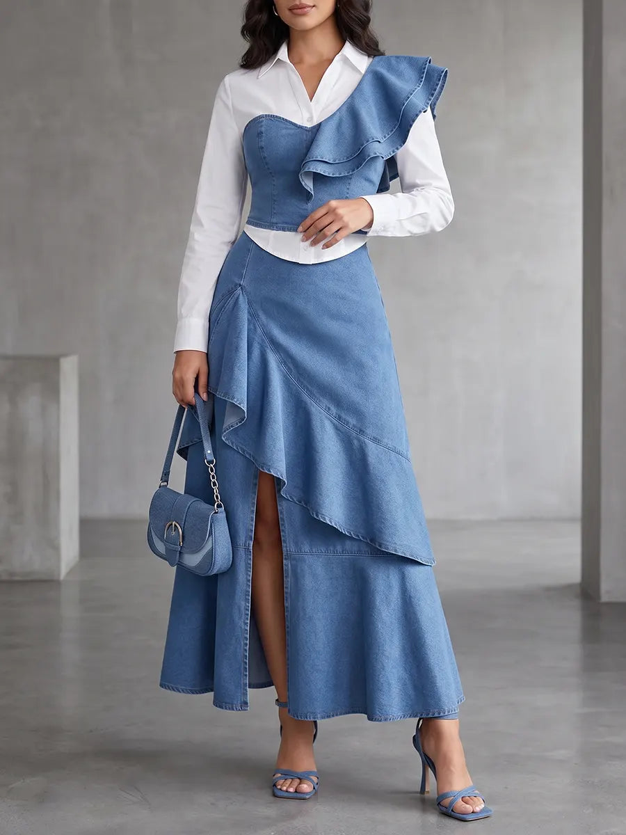 Avant-Garde Tencel Denim Ruffled Set