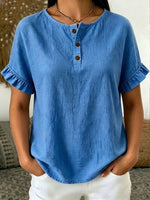 Minimalist Linen-cotton Short-sleeve Henley Top