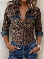 Stylish Casual Denim Zip-up Shirt With Leopard Print Panels