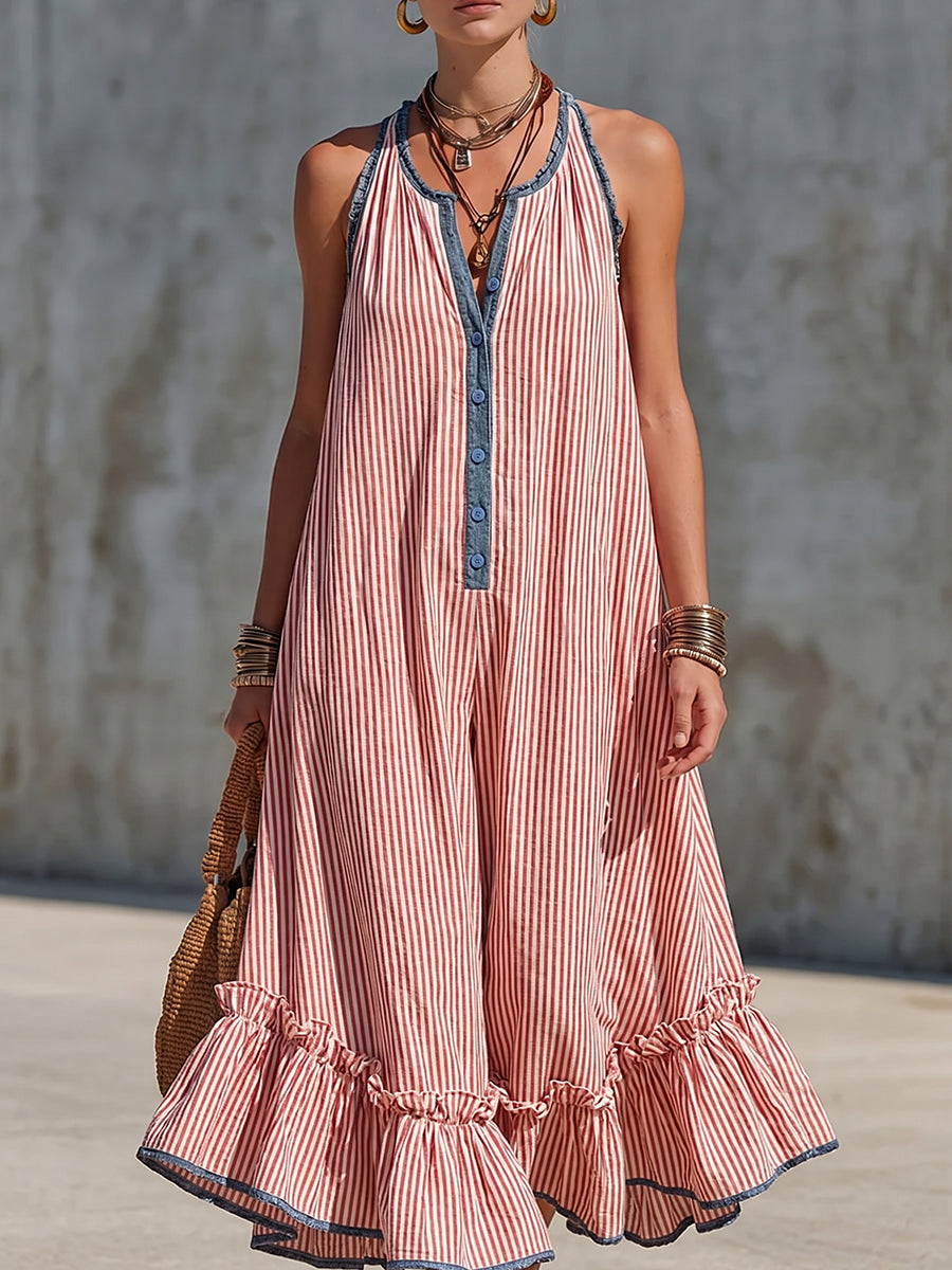 Boho-style Striped Cropped Jumpsuit With Denim Color-contrast Trim