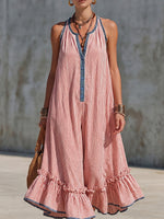 Boho-style Striped Cropped Jumpsuit With Denim Color-contrast Trim