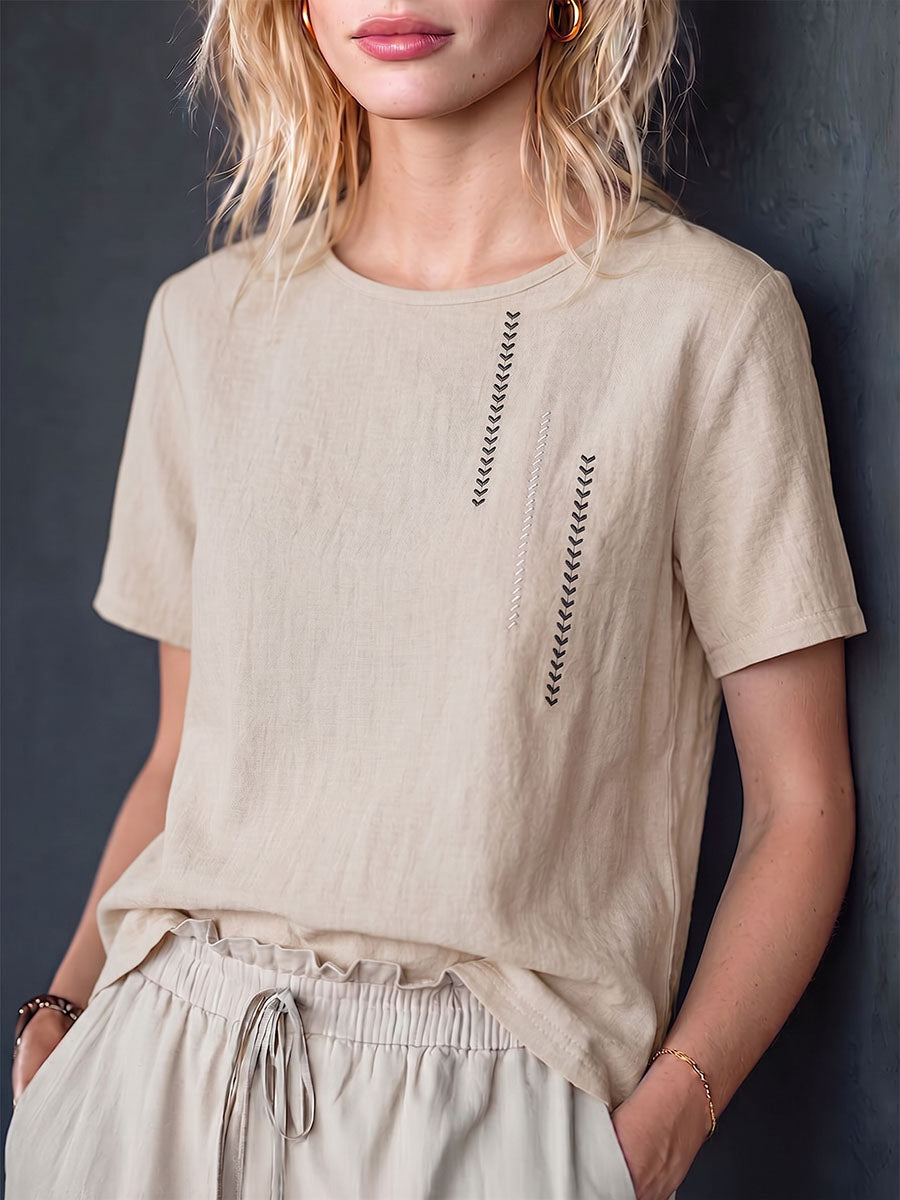 Women's Casual Loose-fit Cotton-linen Top With Placement Embroidery, Crew Neck, And Short Sleeves