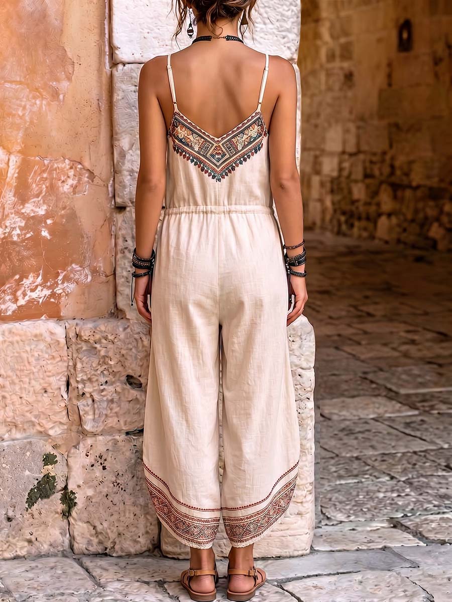 Women's V-neck Placement-print Cotton-linen Wide-leg Camisole Jumpsuit