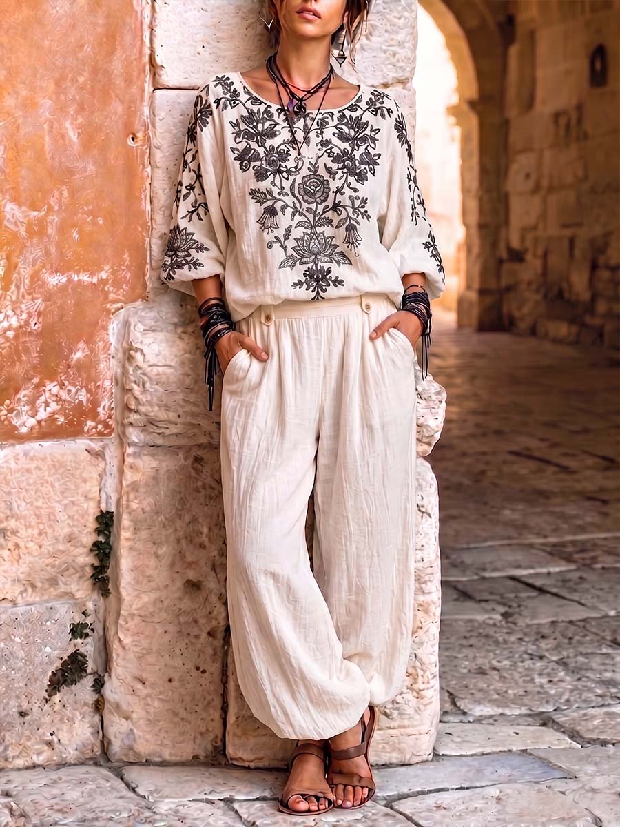 Women's Vintage Placement-print Cotton-linen Set: Casual Loose-fit Top Round Neck 3/4 Sleeves& High-waisted Wide-leg Pants