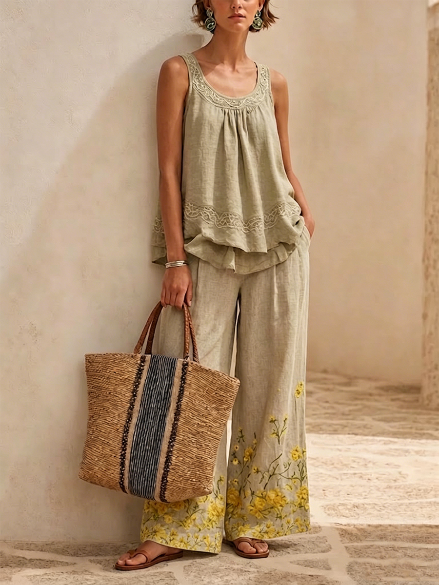 Two-piece Set Featuring A Relaxed-fit, Crinkled Linen-blend Top With Ruffled Hem And Floral Wide-leg Trousers