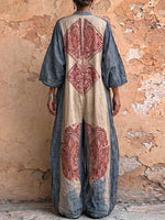 Women's Vintage Placement-print V-neck 3/4 Sleeve Casual Loose Cotton-linen Jumpsuit