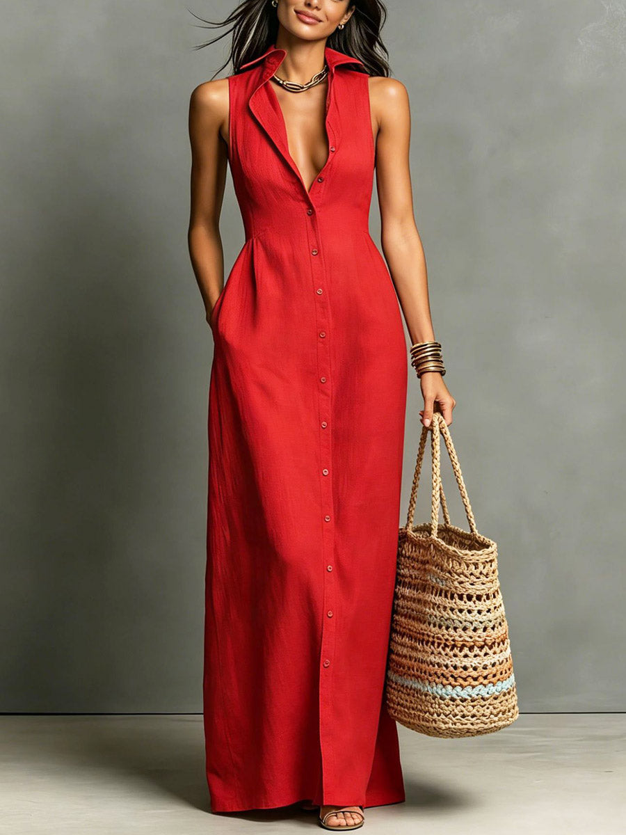 Women's Solid Color Chic Art Casual Stylish Button Long Dress