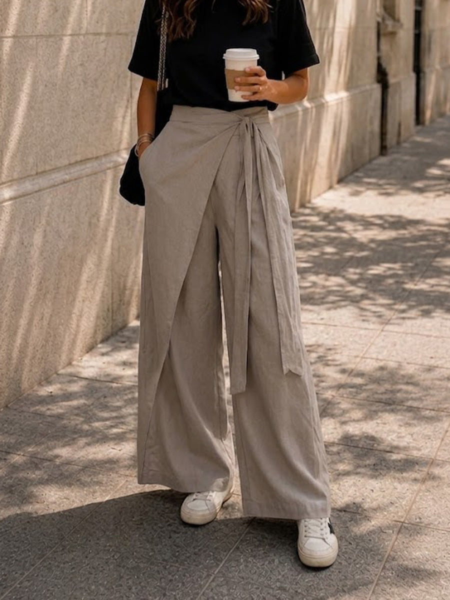 Casual Cotton-linen Trousers With Waist Tie