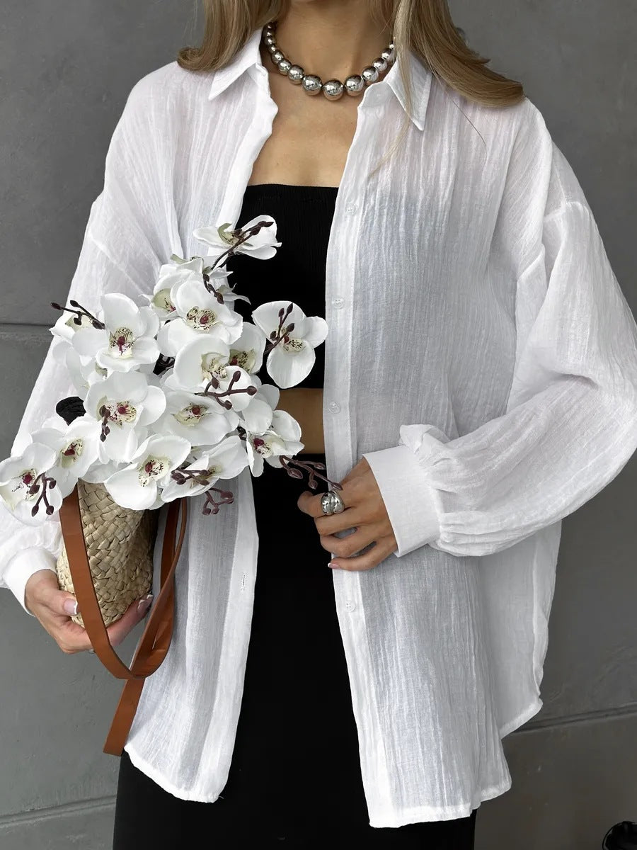 Women's Casual Stylish Knot Loose Sheer Lapel Long Sleeve Shirt
