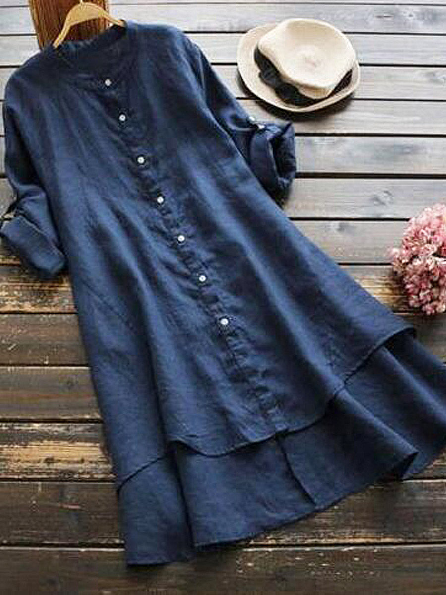 Women's Solid Color Stylish Art Casual Long Sleeve Cotton And Linen Dress