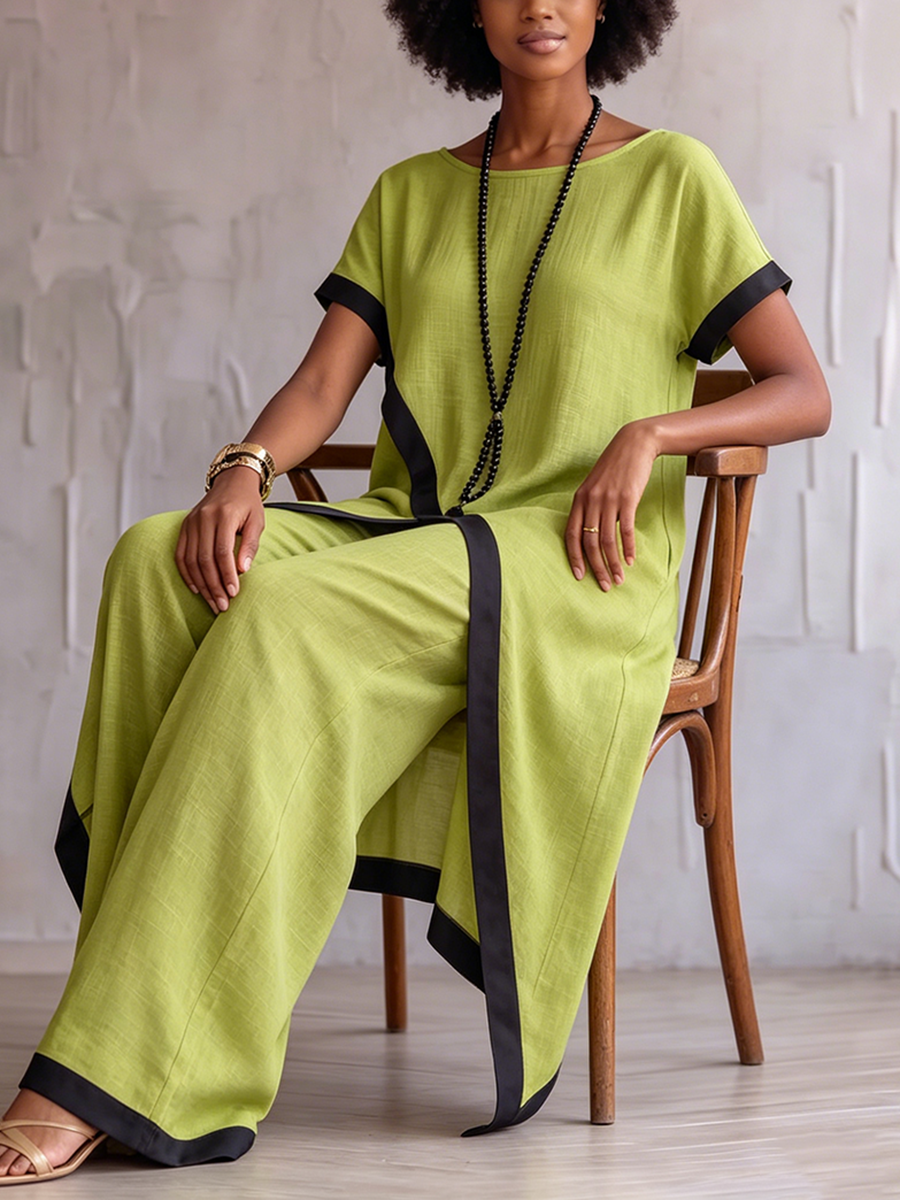 Stylish Resort Wear Cotton-linen Two-piece Set With Elegant Color-contrast Trim