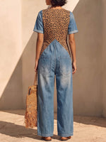 Women's V-neck Short-sleeve Casual Loose-fit Leopard Print Panel Denim Wide-leg Jumpsuit