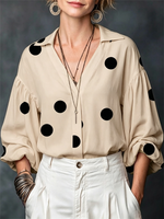Polka-dot Loose-fitting Top With A Partial Button-front Neckline And Long Puff Sleeves