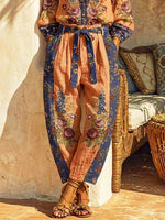 Women's Retro Floral Art Print Casual Top And Pants Cotton And Linen Two-piece Set