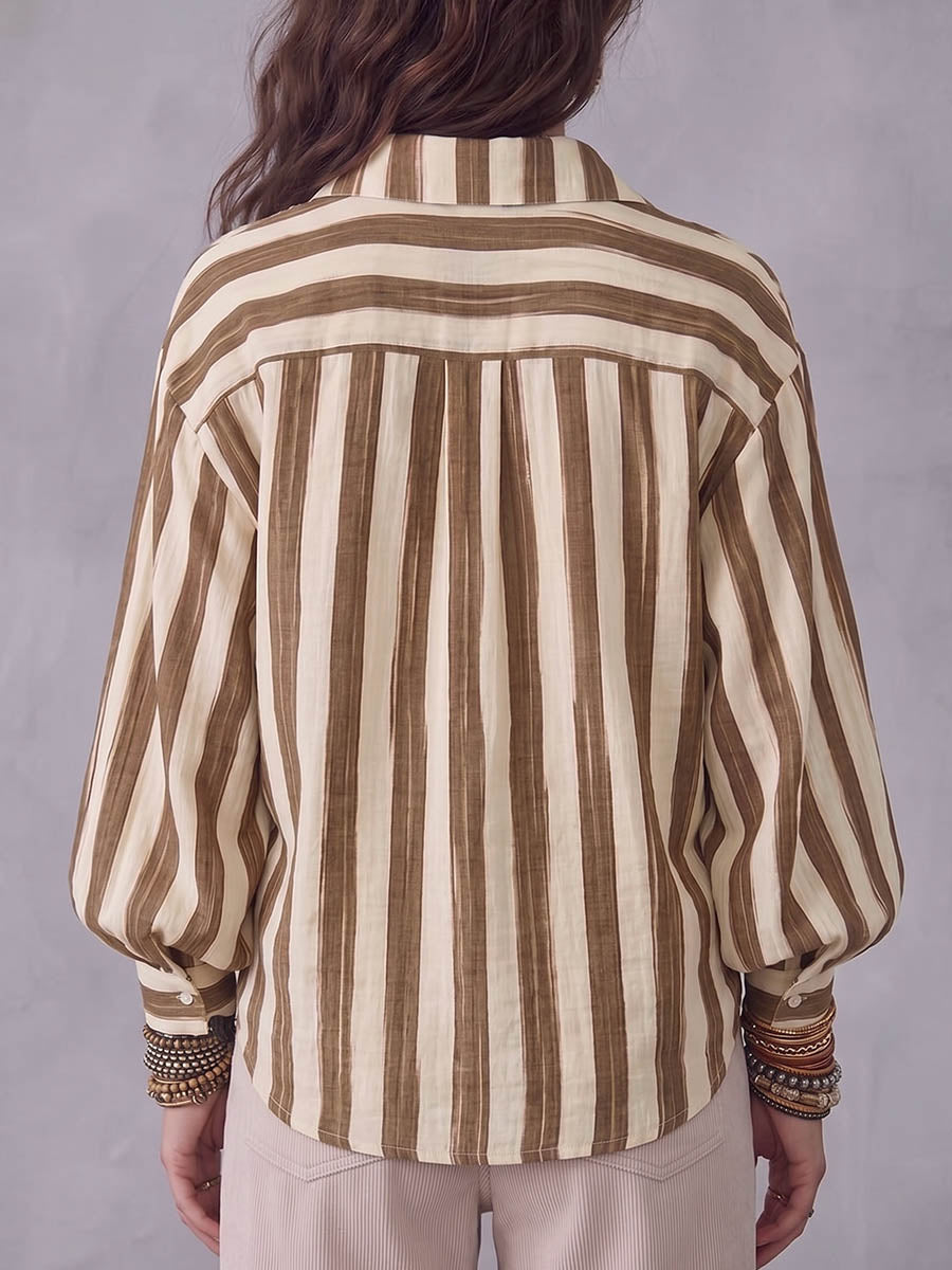Women's Striped Print Long-Sleeve Cotton-Linen Shirt with Collar – Loose Casual Fit