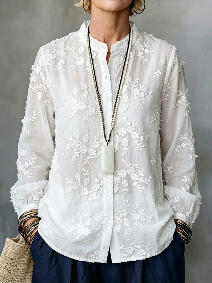 Bohemian-style Linen Shirt Featuring 3d Floral Embroidery, A Stand Collar, And Long Sleeves With Roll-up Functionality—a Casual Top
