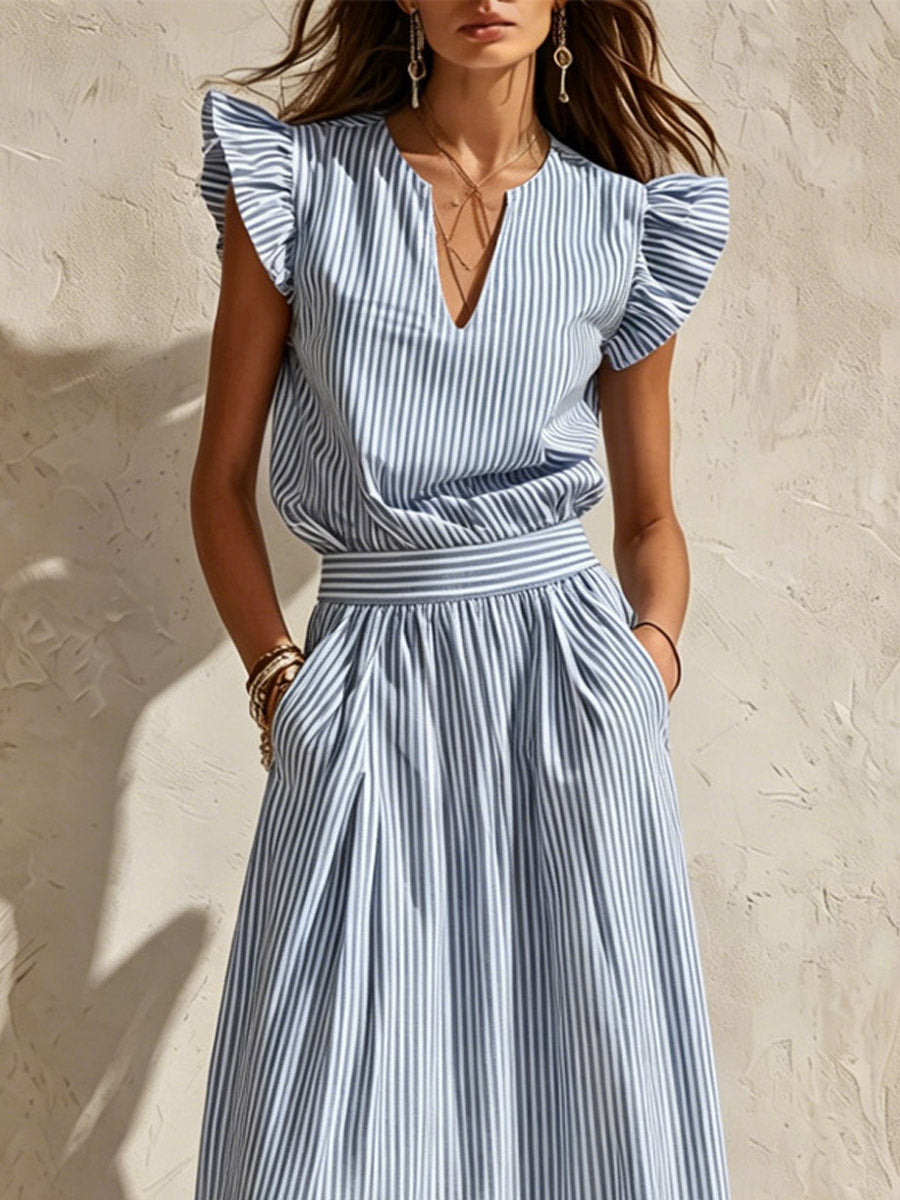 Women's Striped Ruffled Sleeve Art Stylish Casual Top And Skirt Two-piece Set
