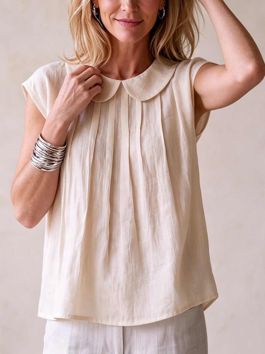 Classic Elegant Pleated Cotton-linen Shirt With Peter Pan Collar