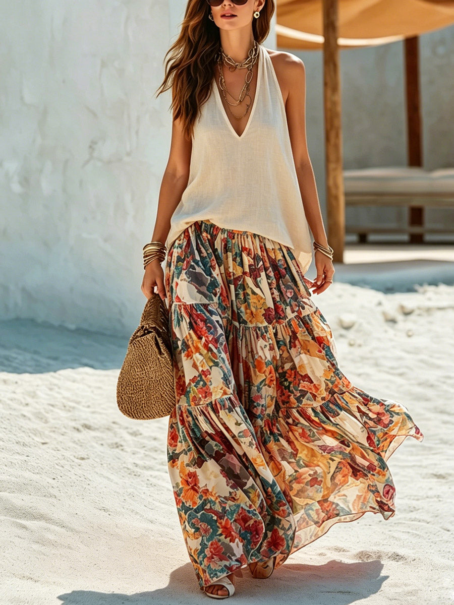 Women's Sleeveless Art Stylish Casual Top And Floral Skirt Two-piece Set