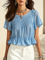 Women's Solid Color Art Casual Stylish Short Sleeve Sheer Shirt