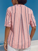 Vertical-striped, Mandarin-collar, Short-sleeve Slub Linen Top With A Small V-neck And Partial Button Placket