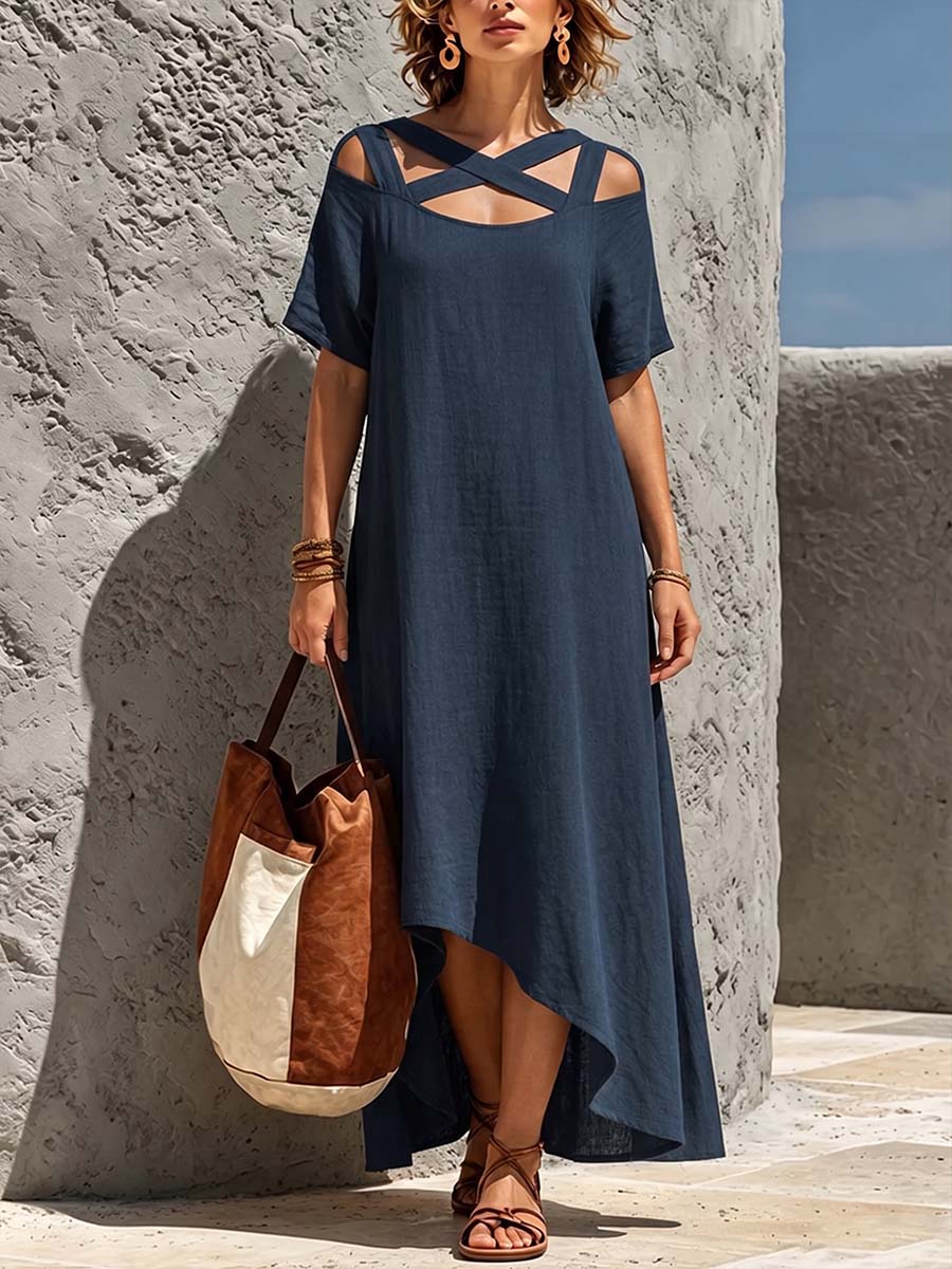 Women's Solid-color Cotton-linen Casual Loose-fit Short-sleeve Dress With Cut-out Neckline