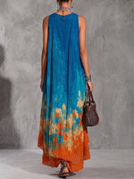 Women's Abstract Oil Painting Print V-neck Sleeveless Casual Loose Cotton-linen Dress