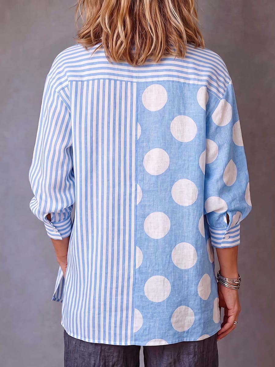Women's Geometric Print Lapel 3/4sleeve Loose-fit Cotton-linen Cardigan Top