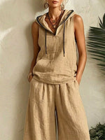Women's Hooded Casual Sleeveless Top And Pants Cotton And Linen Two-piece Set