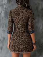 Casual Leopard Print Patchwork Zip-front Denim Mini Dress